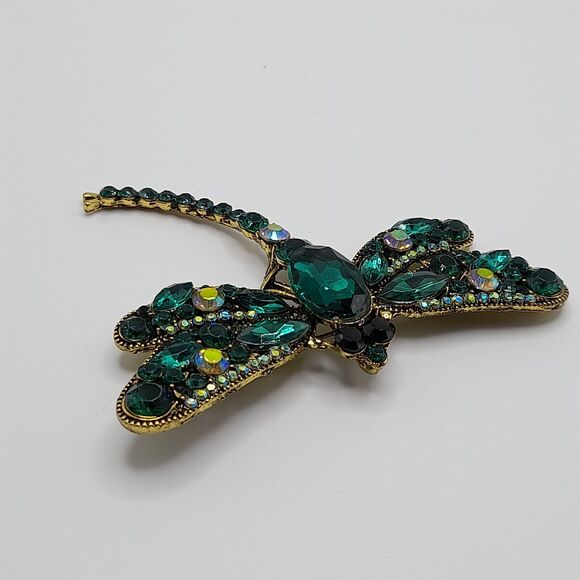 Dragonfly Large Brooch Pin Green Crystal Rhinestone Jewelry - Picture 10 of 13